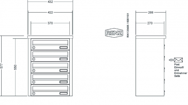 RENZ Briefkastenanlage Aufputz, Tetro, Edelstahl V4A, Kastenformat 370x110x270mm, 5-teilig